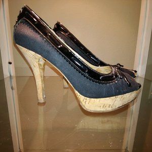 Tacco Black Leather/Canvas Cork Heels - 8.5
